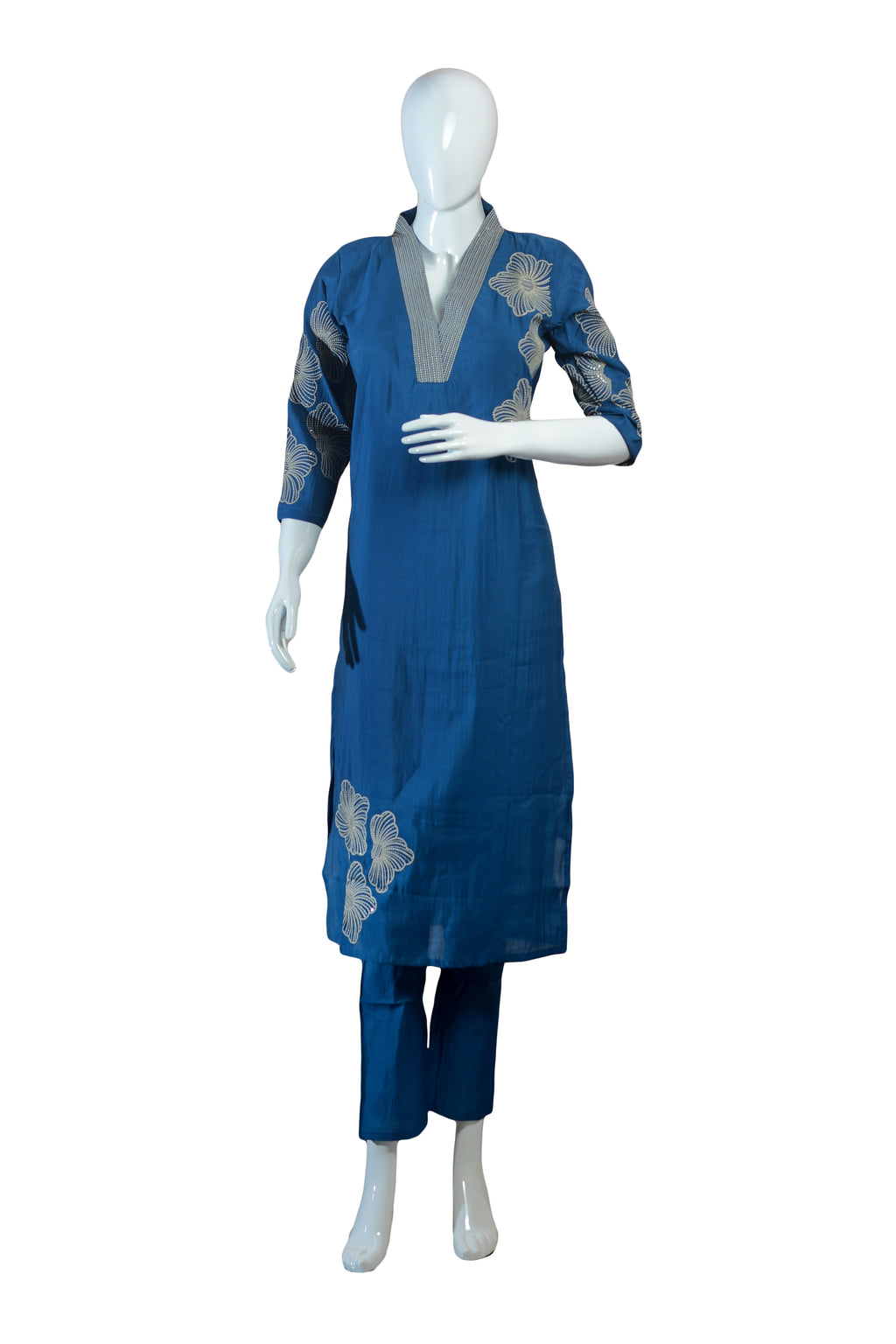 Blue Embroidered Kurta Set with Pants and Dupatta, V-Neck Floral Thread Work Ethnic Outfit for Festive and Casual Wear