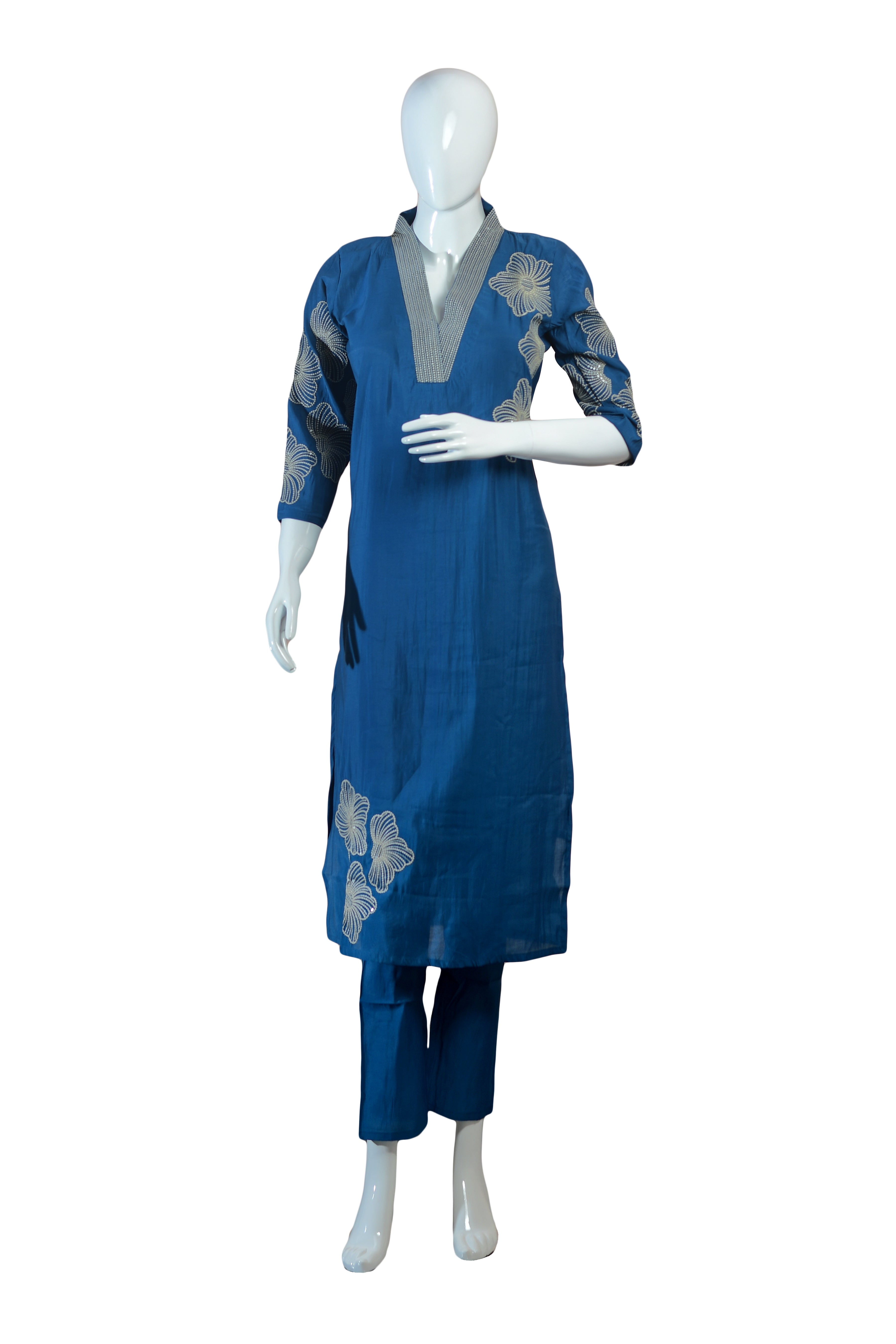 Blue Embroidered Kurta Set with Pants and Dupatta, V-Neck Floral Thread Work Ethnic Outfit for Festive and Casual Wear