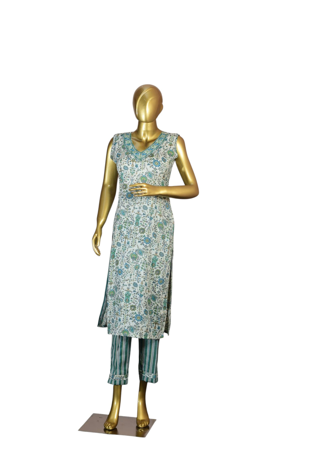 Designer Floral Print Salwar Suit Set, Turquoise Green with White, V-Neck Sleeveless Kurti with Striped Pants and Dupatta