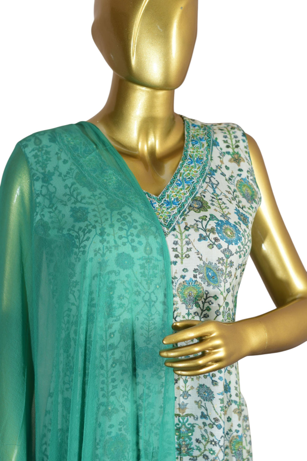 Designer Floral Print Salwar Suit Set, Turquoise Green with White, V-Neck Sleeveless Kurti with Striped Pants and Dupatta