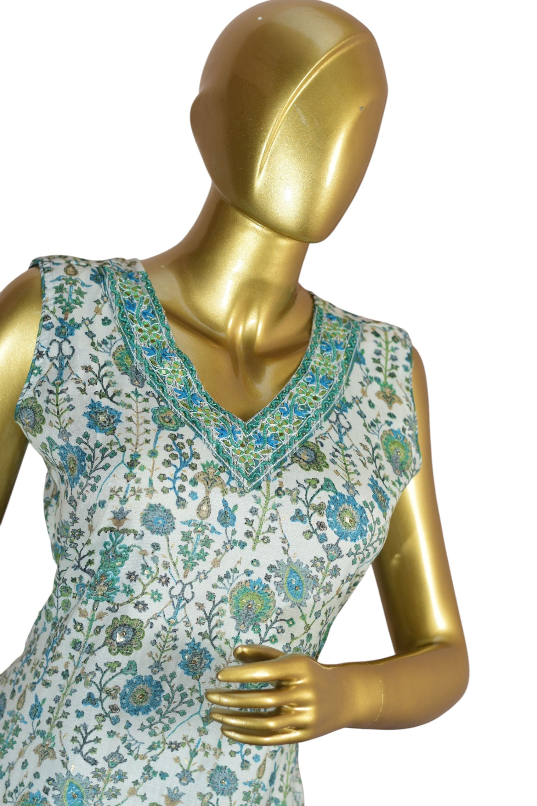 Designer Floral Print Salwar Suit Set, Turquoise Green with White, V-Neck Sleeveless Kurti with Striped Pants and Dupatta