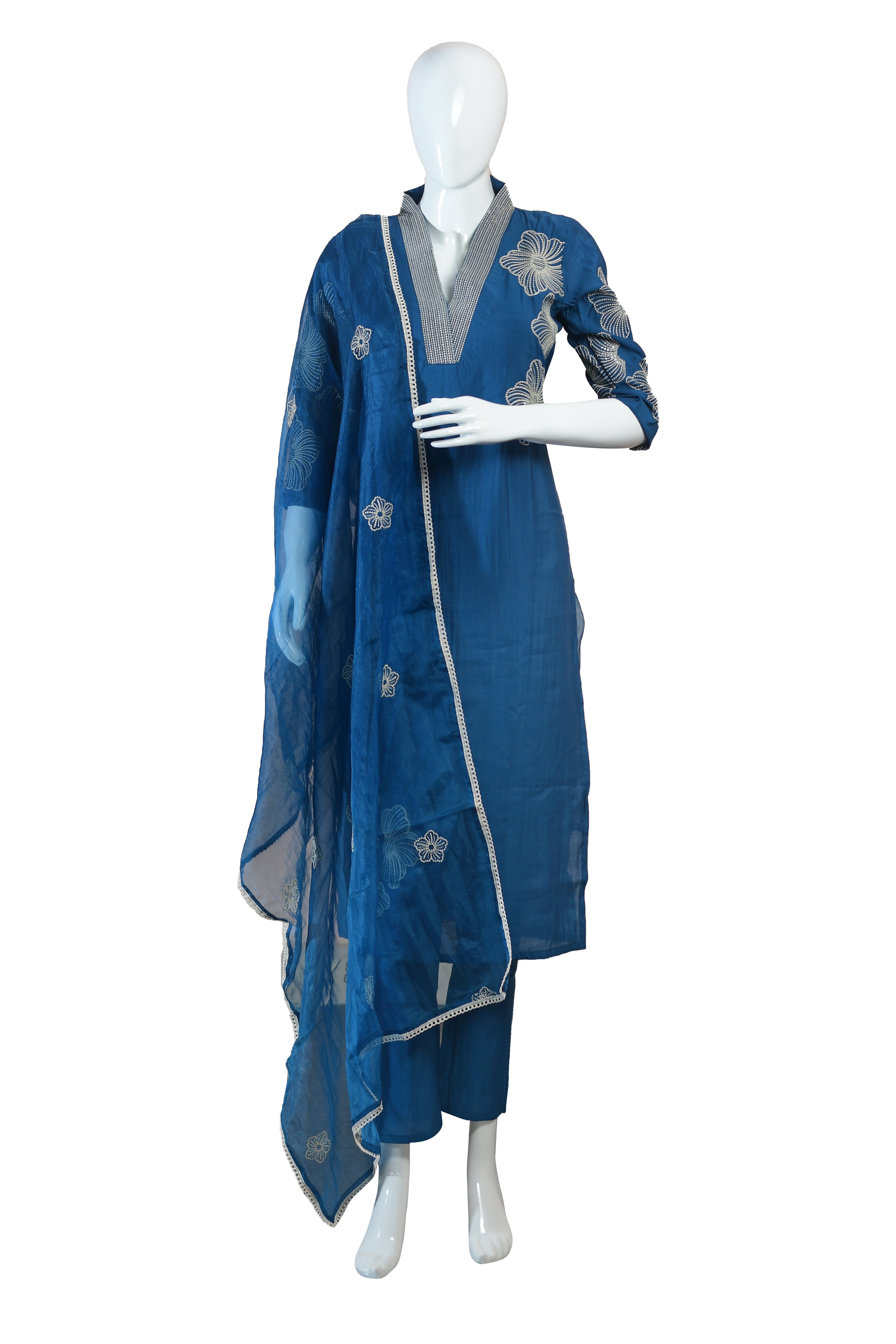 Blue Embroidered Kurta Set with Pants and Dupatta, V-Neck Floral Thread Work Ethnic Outfit for Festive and Casual Wear