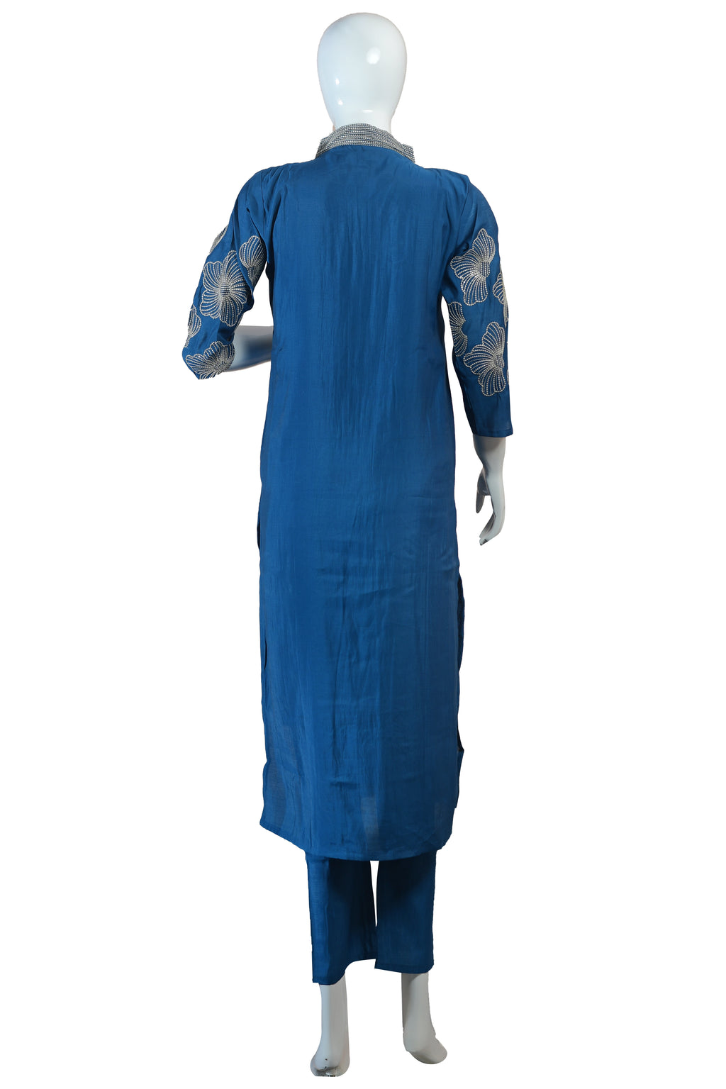 Blue Embroidered Kurta Set with Pants and Dupatta, V-Neck Floral Thread Work Ethnic Outfit for Festive and Casual Wear