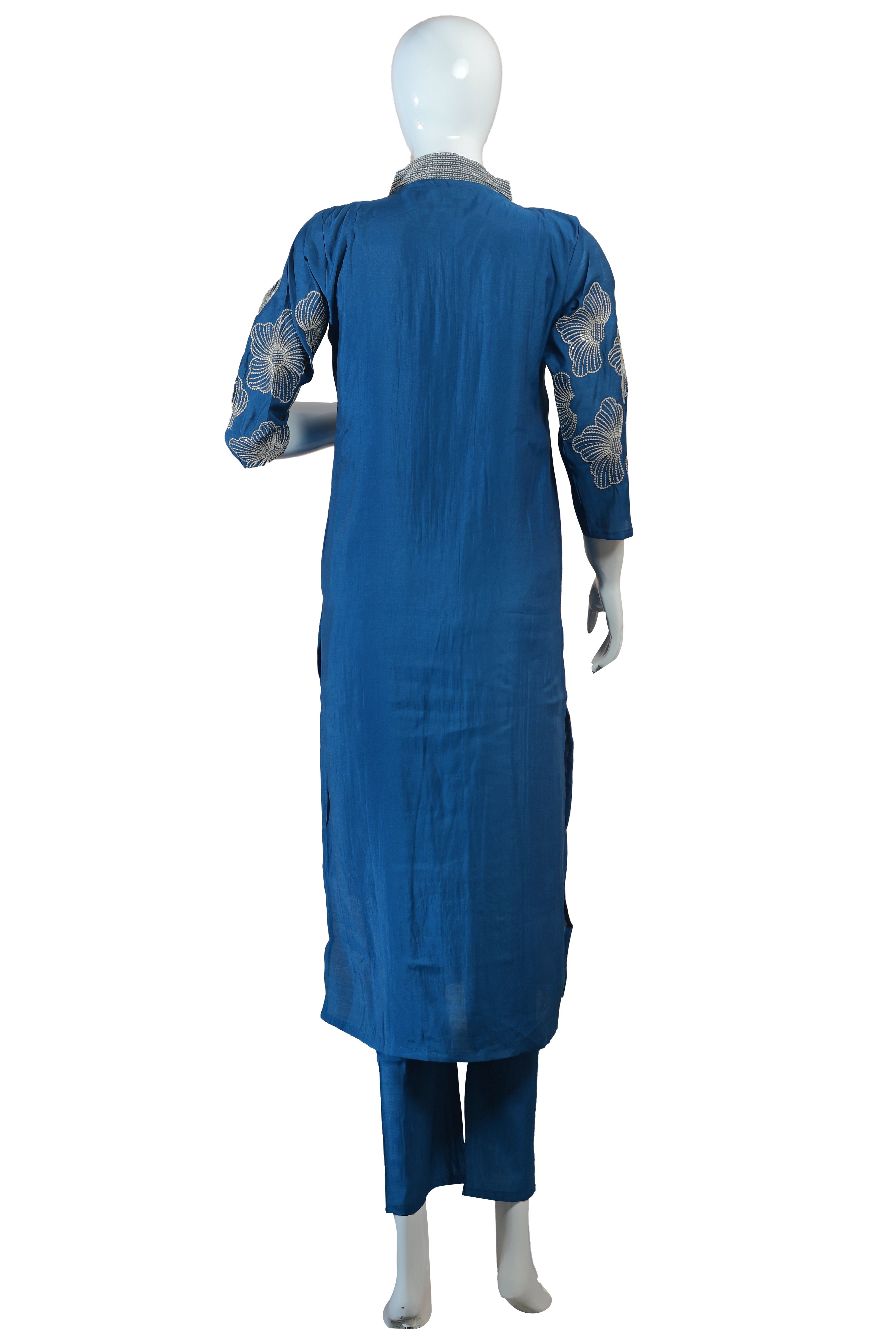 Blue Embroidered Kurta Set with Pants and Dupatta, V-Neck Floral Thread Work Ethnic Outfit for Festive and Casual Wear