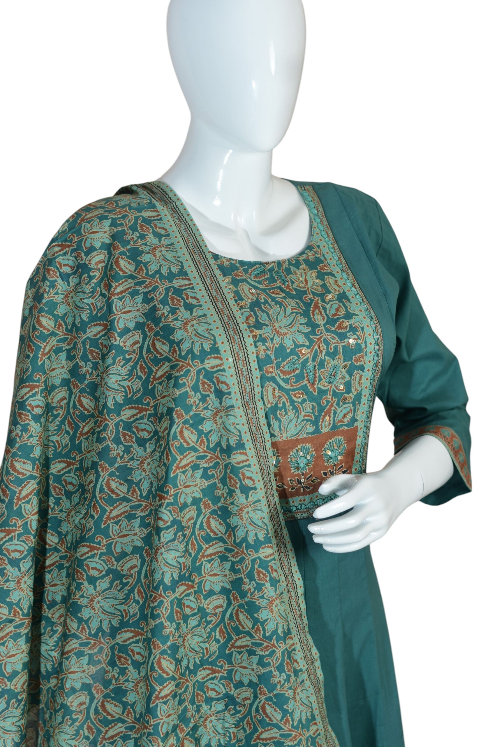 Teal Blue Traditional Anarkali Suit Set for Women, Full Length Embroidered Cotton Kurta with Floral Motif, Matching Pants and Ethnic Look