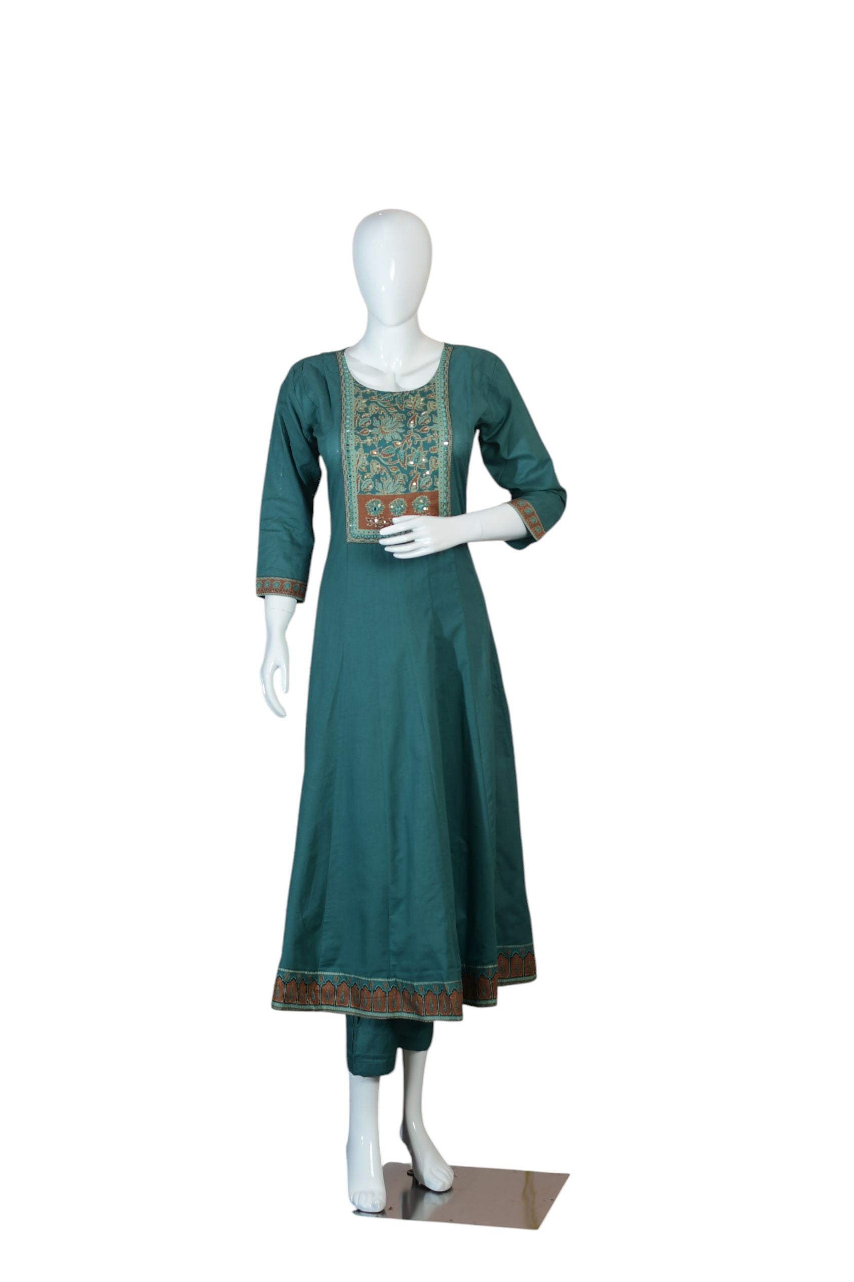 Teal Blue Traditional Anarkali Suit Set for Women, Full Length Embroidered Cotton Kurta with Floral Motif, Matching Pants and Ethnic Look