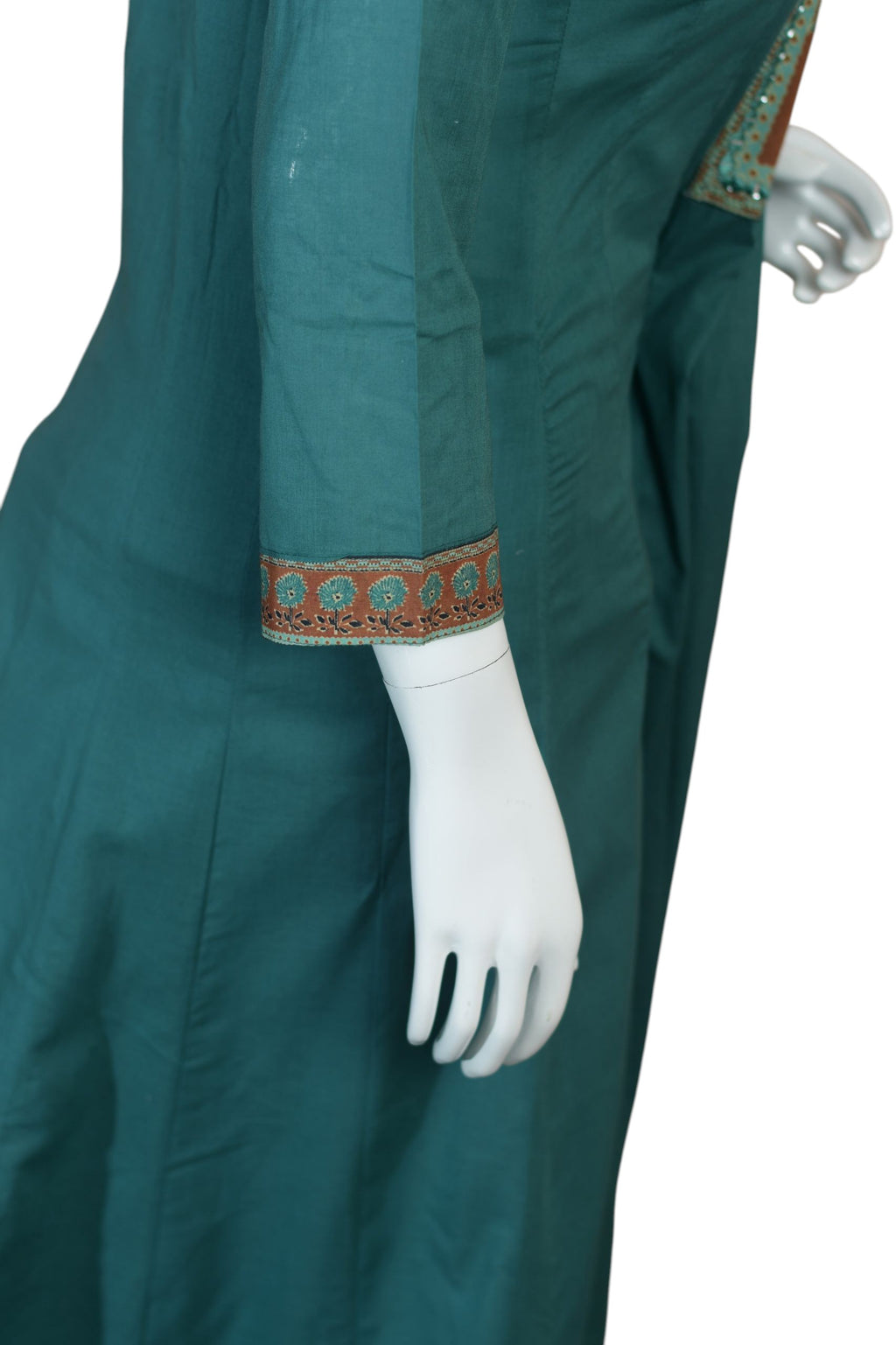 Teal Blue Traditional Anarkali Suit Set for Women, Full Length Embroidered Cotton Kurta with Floral Motif, Matching Pants and Ethnic Look