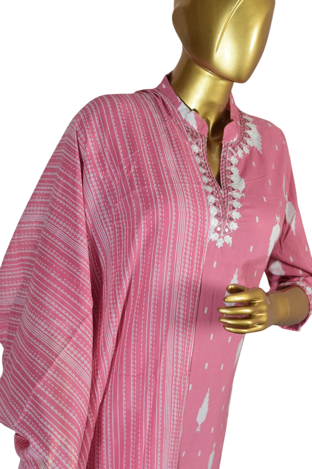Women's Pink Cotton Salwar Suit Set with White Thread Embroidery, 3/4th Sleeve Kurta, Straight Pants and Printed Dupatta –Festive and Daily Use