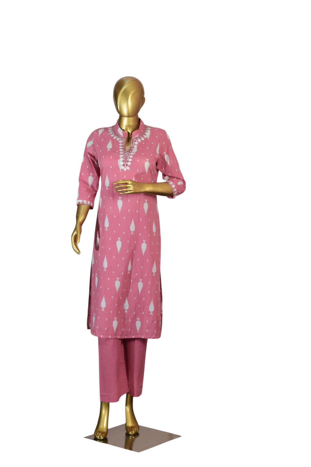 Women's Pink Cotton Salwar Suit Set with White Thread Embroidery, 3/4th Sleeve Kurta, Straight Pants and Printed Dupatta –Festive and Daily Use