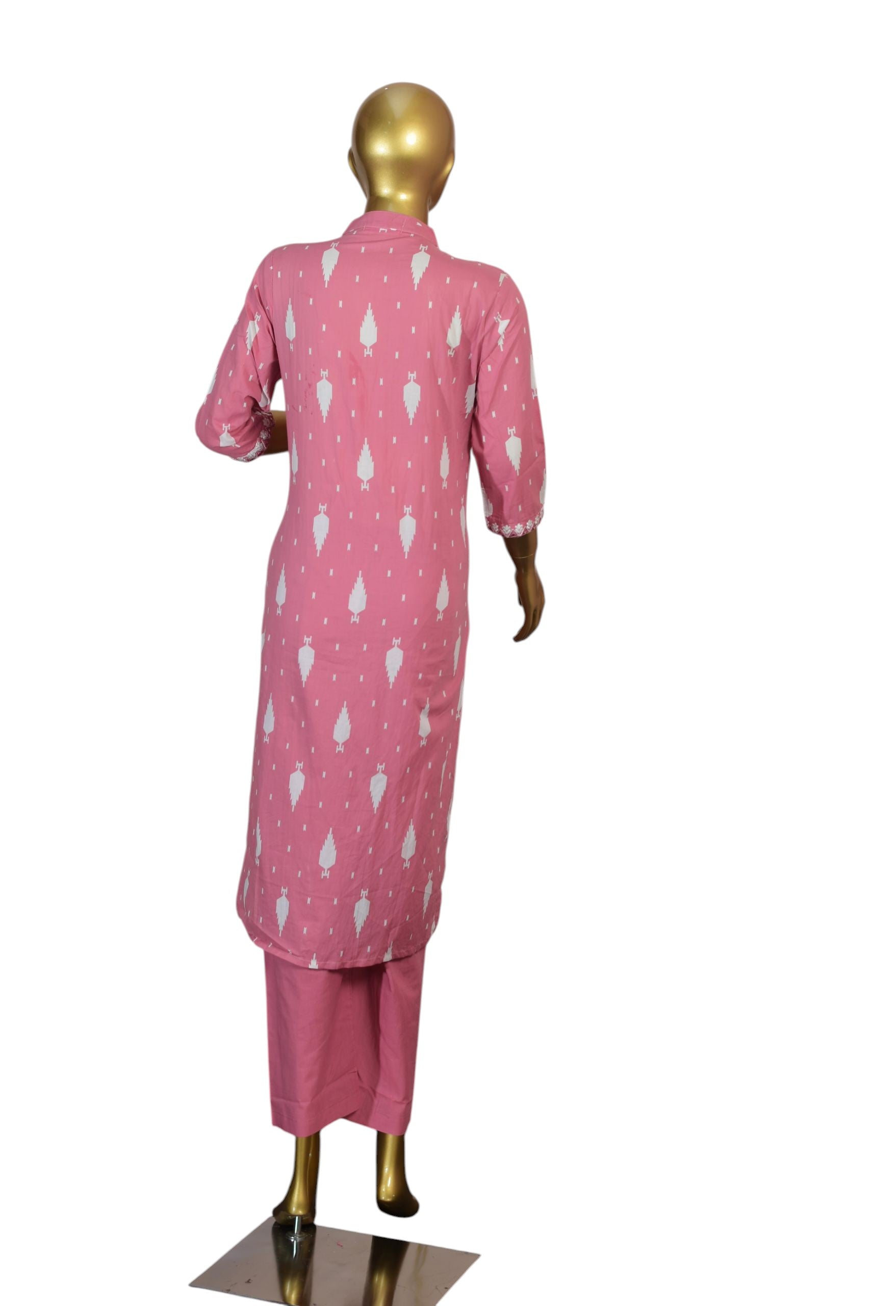 Women's Pink Cotton Salwar Suit Set with White Thread Embroidery, 3/4th Sleeve Kurta, Straight Pants and Printed Dupatta –Festive and Daily Use