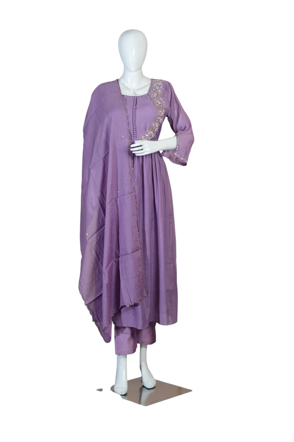 Lavender Anarkali Suit Set with Embroidered Flared Kurta, Long Sleeves, Button Front, Straight Pants and Dupatta –Traditional Indian Ethnic Wear for Festive Occasions