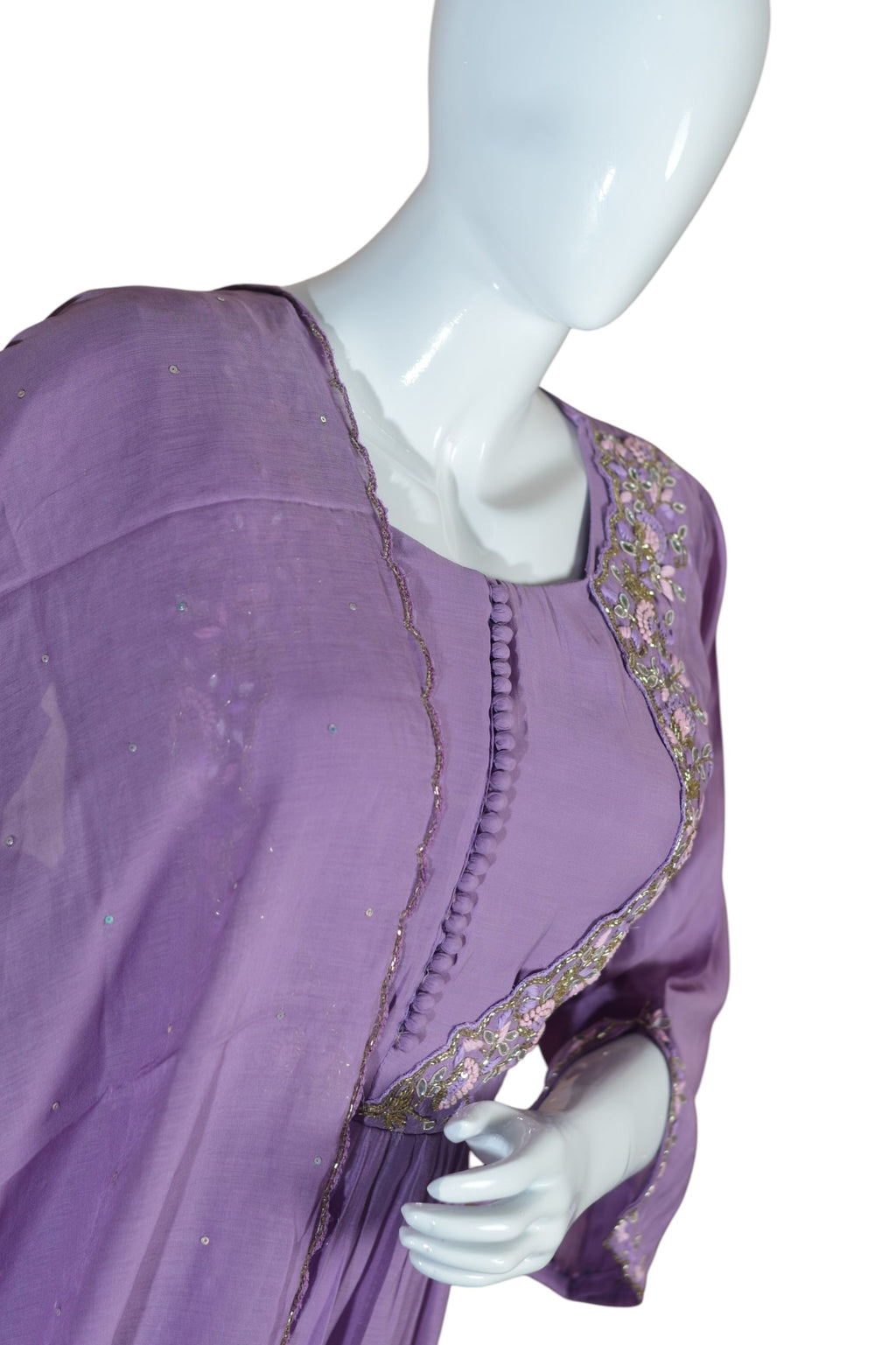 Lavender Anarkali Suit Set with Embroidered Flared Kurta, Long Sleeves, Button Front, Straight Pants and Dupatta –Traditional Indian Ethnic Wear for Festive Occasions