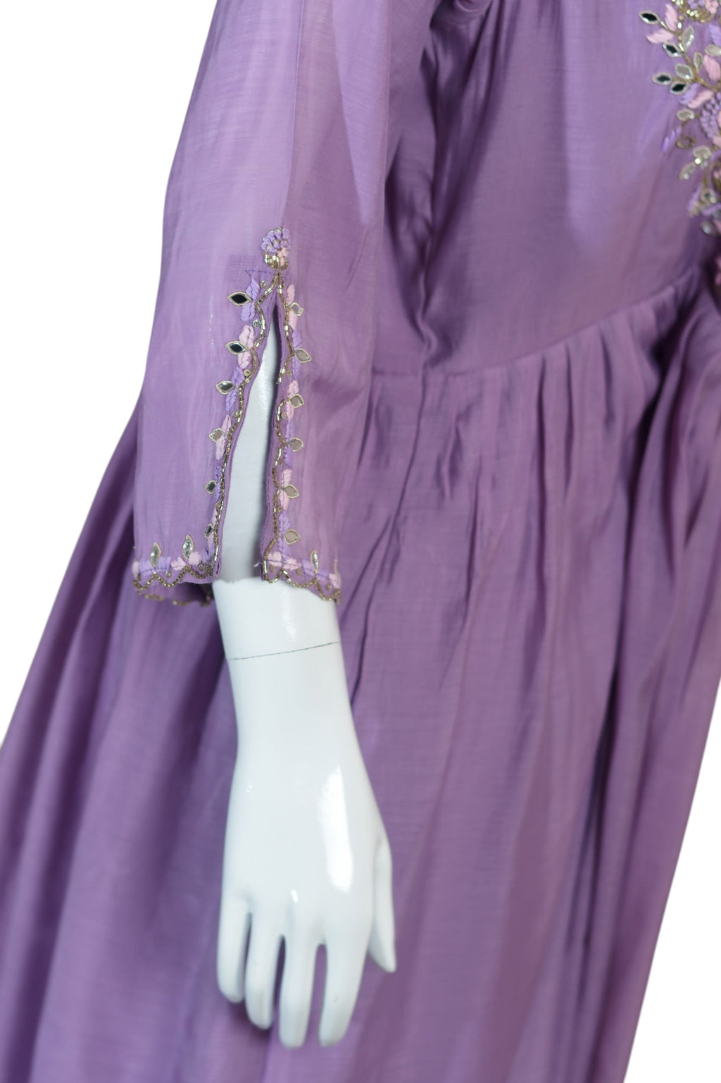 Lavender Anarkali Suit Set with Embroidered Flared Kurta, Long Sleeves, Button Front, Straight Pants and Dupatta –Traditional Indian Ethnic Wear for Festive Occasions