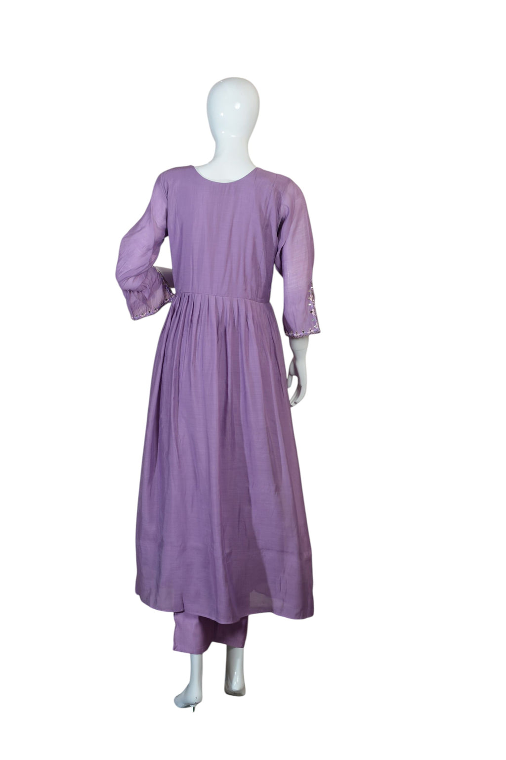 Lavender Anarkali Suit Set with Embroidered Flared Kurta, Long Sleeves, Button Front, Straight Pants and Dupatta –Traditional Indian Ethnic Wear for Festive Occasions