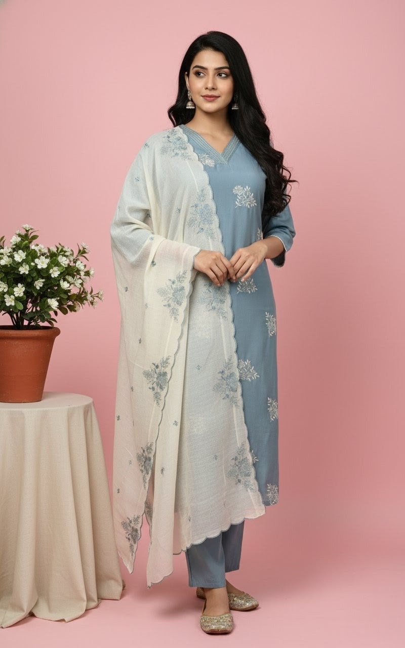 Light Blue Silk Suit with Matching Silk Dupatta