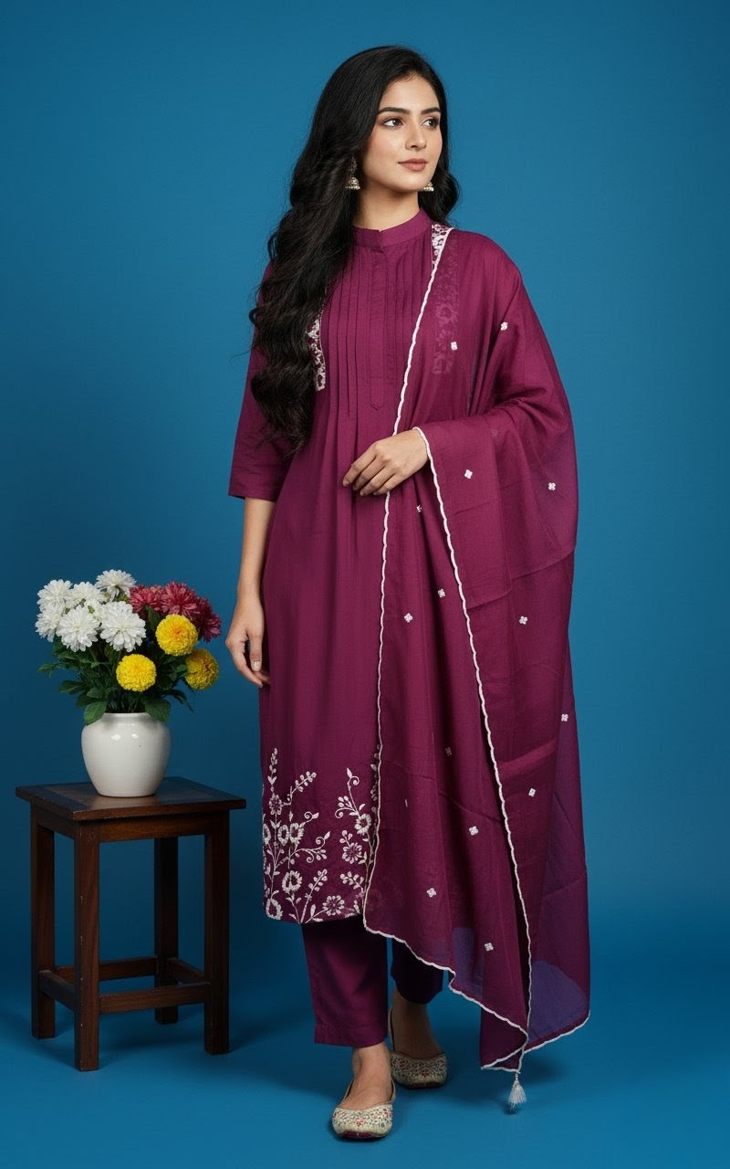 Deep Wine Embroidered Anarkali Suit Set for Women | Silk Blend Kurta with Pants & Dupatta