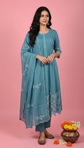 Aqua Blue Hand-Embroidered Pleated Anarkali with Dupatta