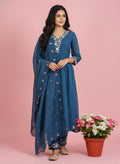 Blue Anarkali Suit Set – Embroidered Kurta with Churidar & Dupatta Traditional Silk Blend Ethnic Wear