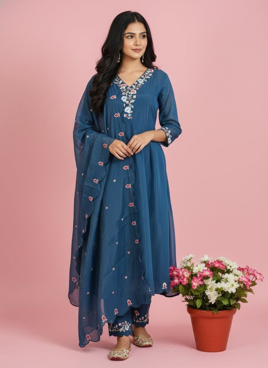 Blue Anarkali Suit Set – Embroidered Kurta with Churidar & Dupatta Traditional Silk Blend Ethnic Wear