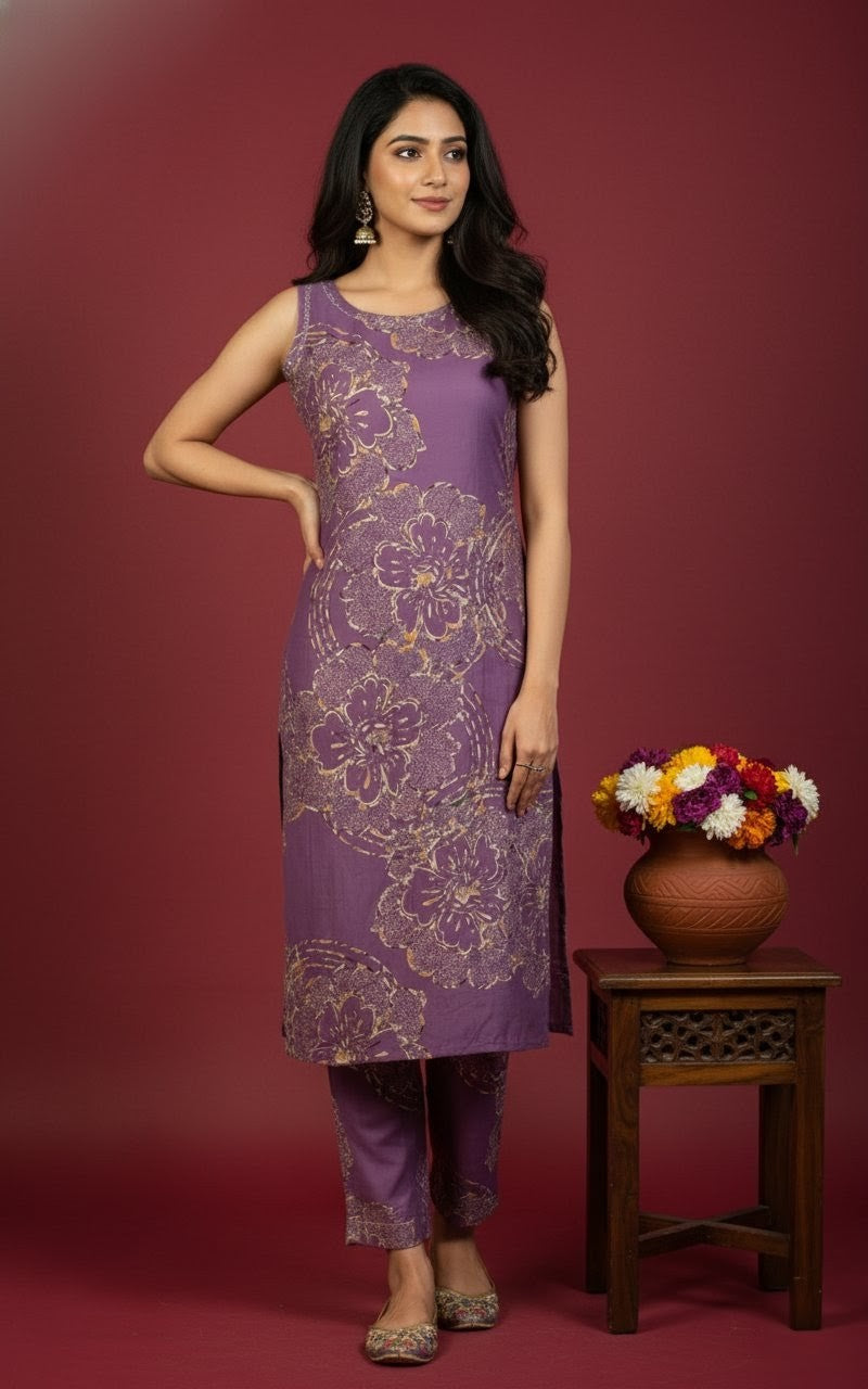 Sleeveless Purple Floral Printed Kurti Set | Ethnic Wear Kurta with Pants | Summer Festive Wear