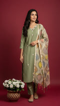 Olive Roman Silk Suit Set with Hand Embroidery & Silk Blend Dupatta