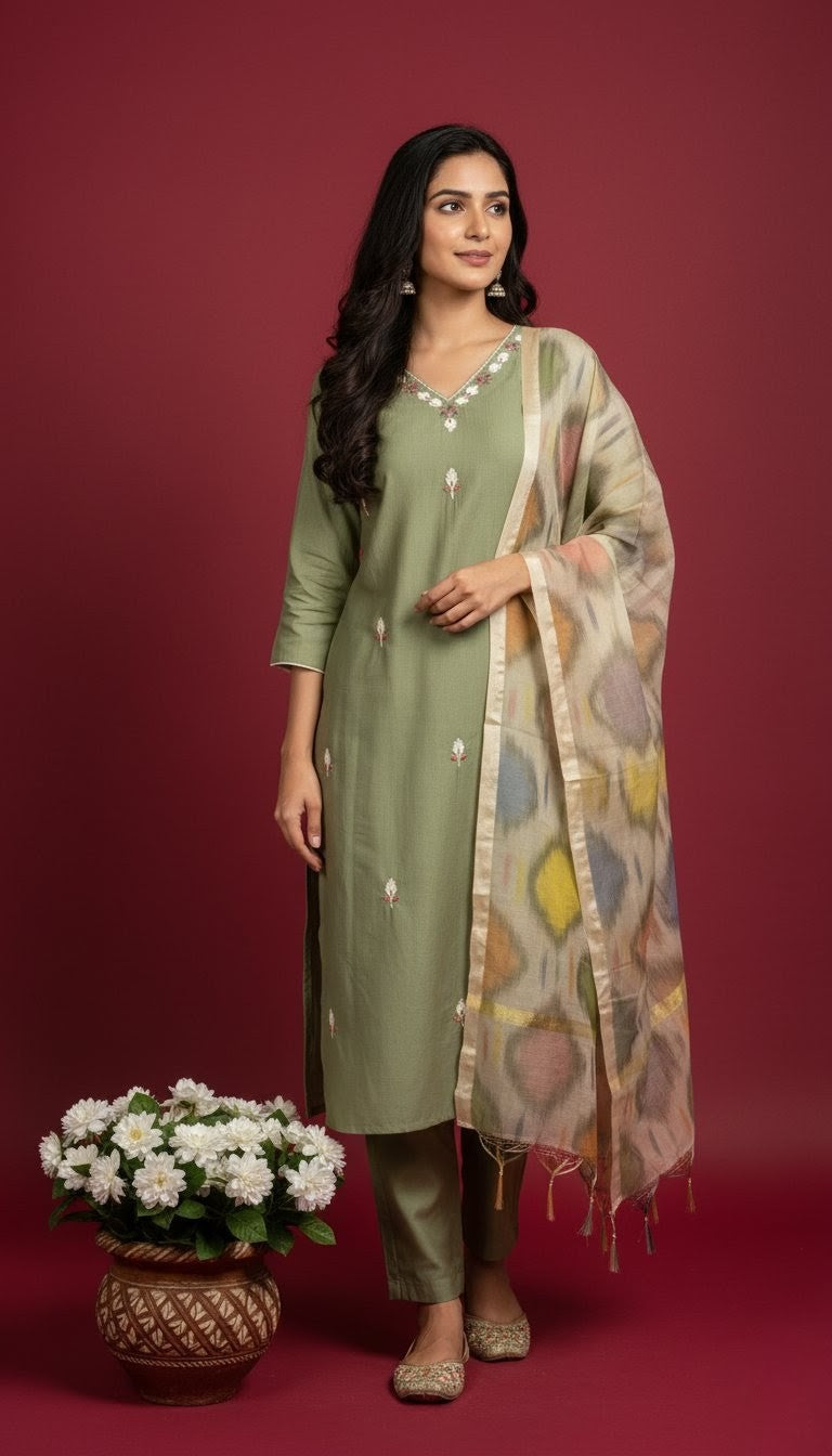 Olive Roman Silk Suit Set with Hand Embroidery & Silk Blend Dupatta