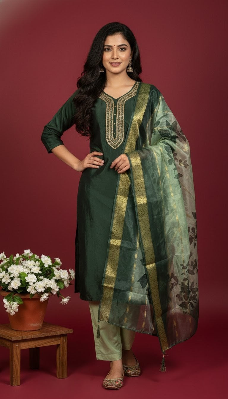 Elegant Roman Silk Suit with Embroidered Neckline & Organza Dupatta