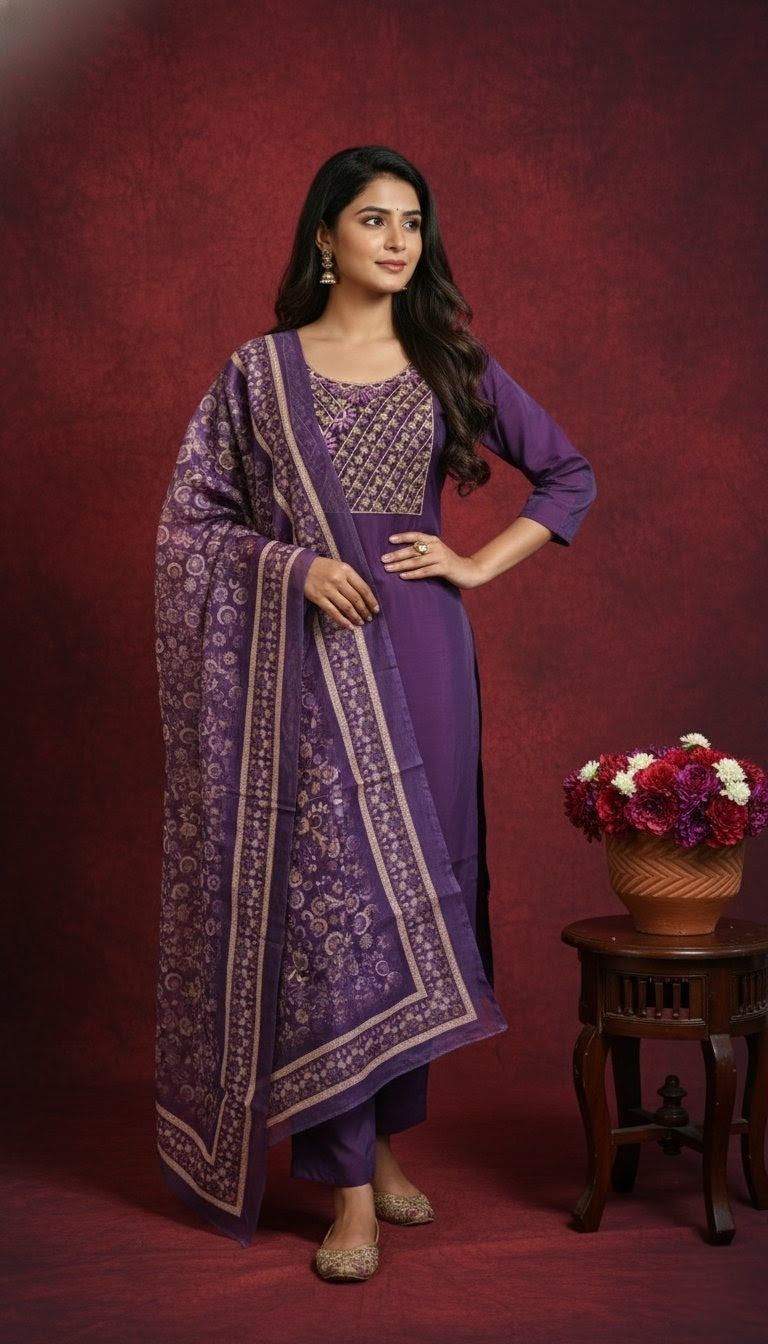Royal Purple Roman Silk Suit with Organza Dupatta & Embroidered Neckline