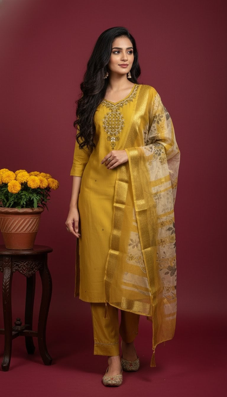 Mustard Yellow Roman Silk Suit with Organza Dupatta & Embroidered Neckline