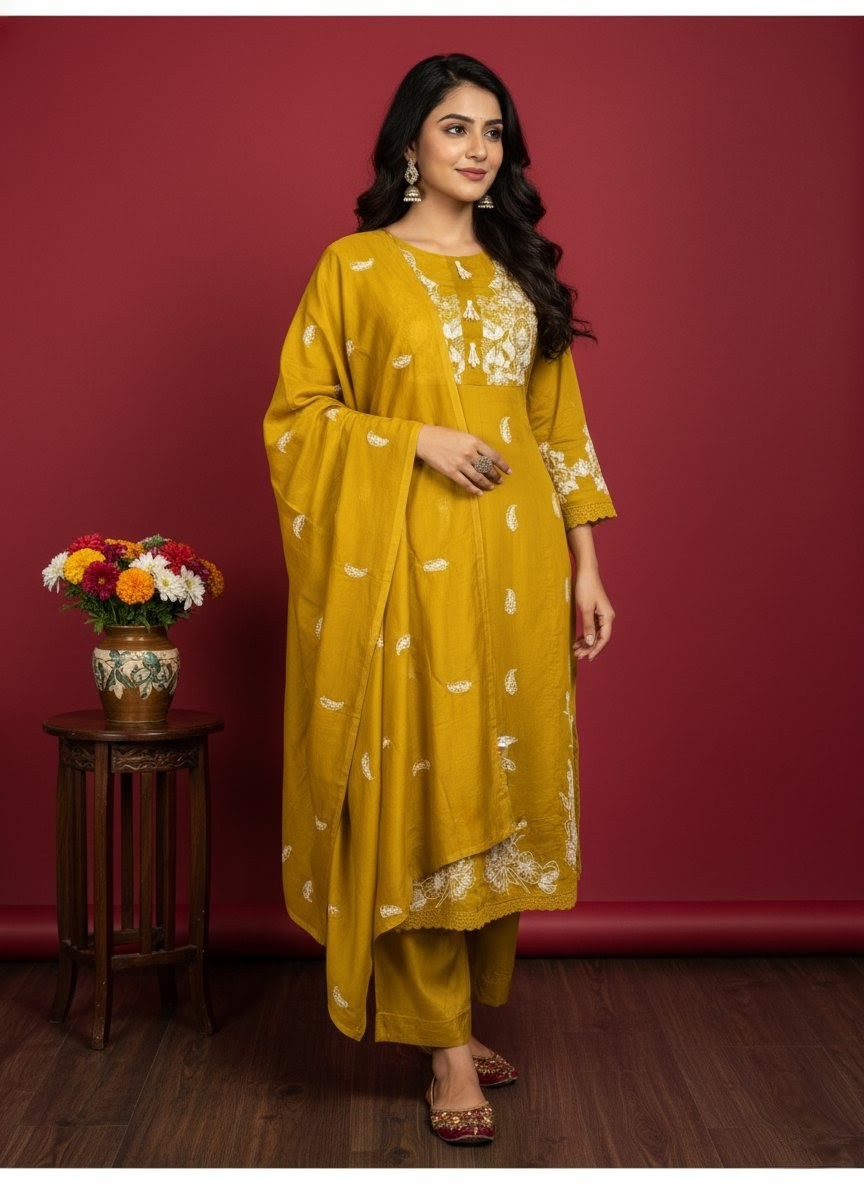 Premium Mustard Mal Chanderi Hand Embroidered Anarkali Suit with Dupatta