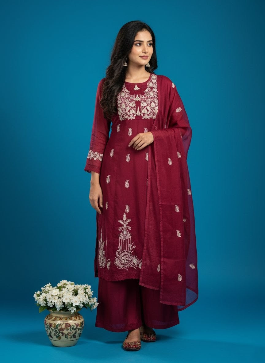 Mal Chanderi Hand Embroidered Anarkali Suit with Dupatta