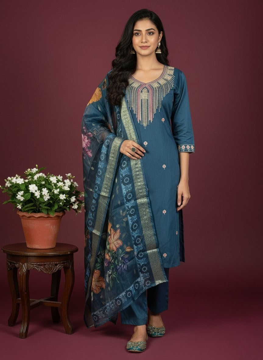 Teal Blue Embroidered Silk Suit with Digital Floral Dupatta – Elegant Ethnic Wear for Women