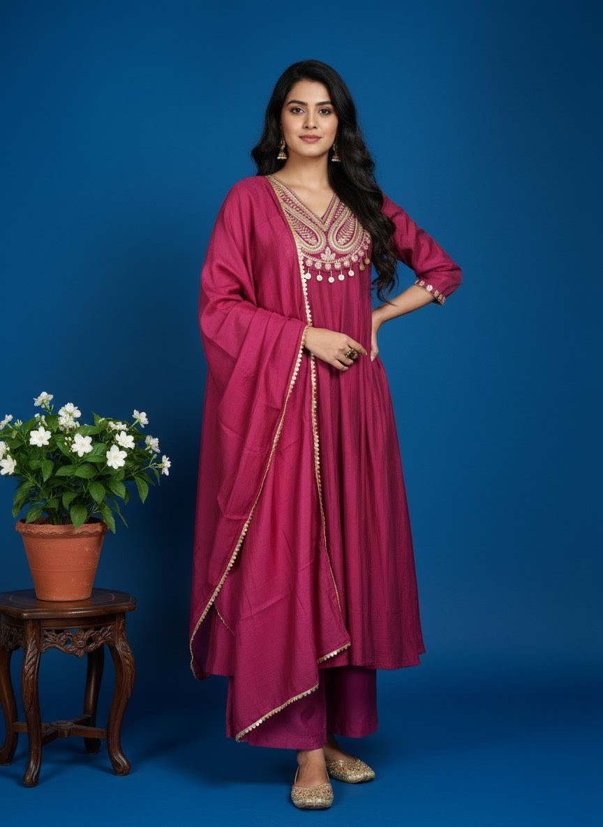 Magenta Pink Anarkali Silk Suit With Jari Work & Coin Hangings