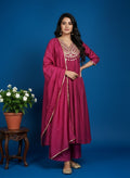 Magenta Pink Anarkali Silk Suit With Jari Work & Coin Hangings