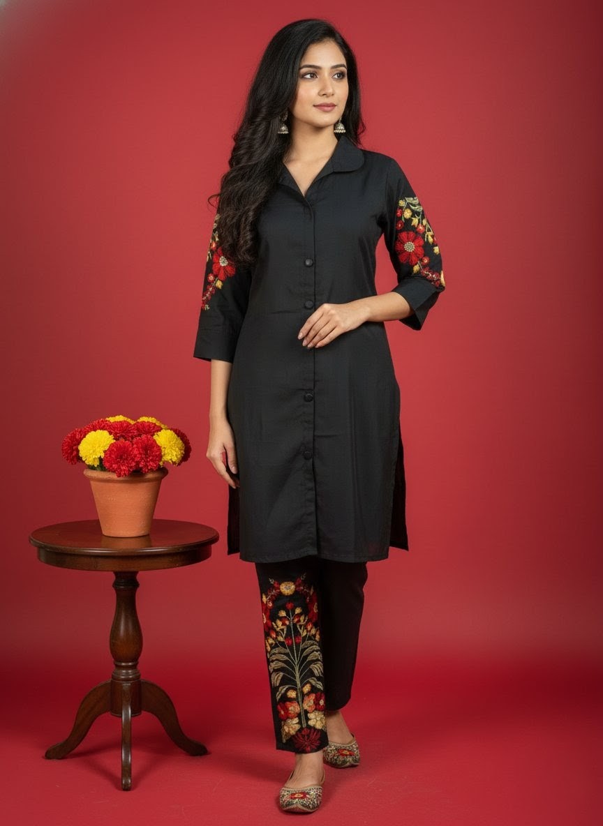 Black Co-ord Set with Multicolored Floral Embroidery