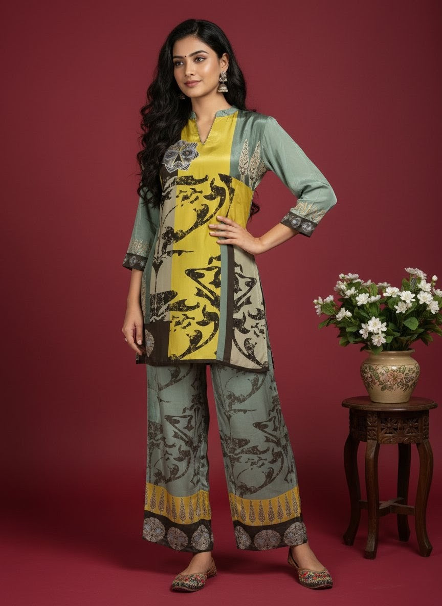 Digital Printed Co-ord Set – Green & Mustard | Casual & Festive Wear