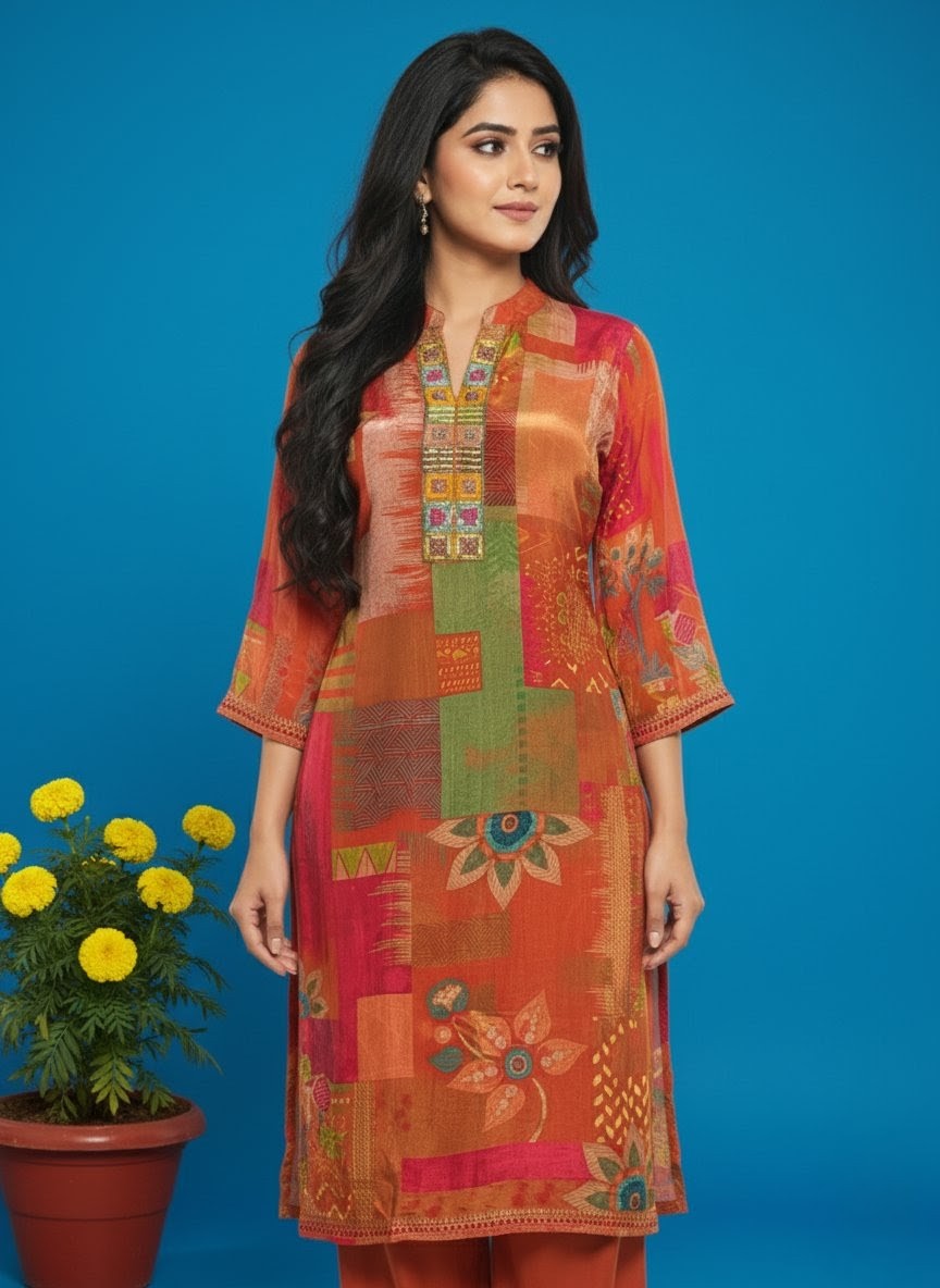 Orange Patchwork Kurta Set – Traditional Ethnic Wear with Embroidered Neckline & Reddish-Brown Pants