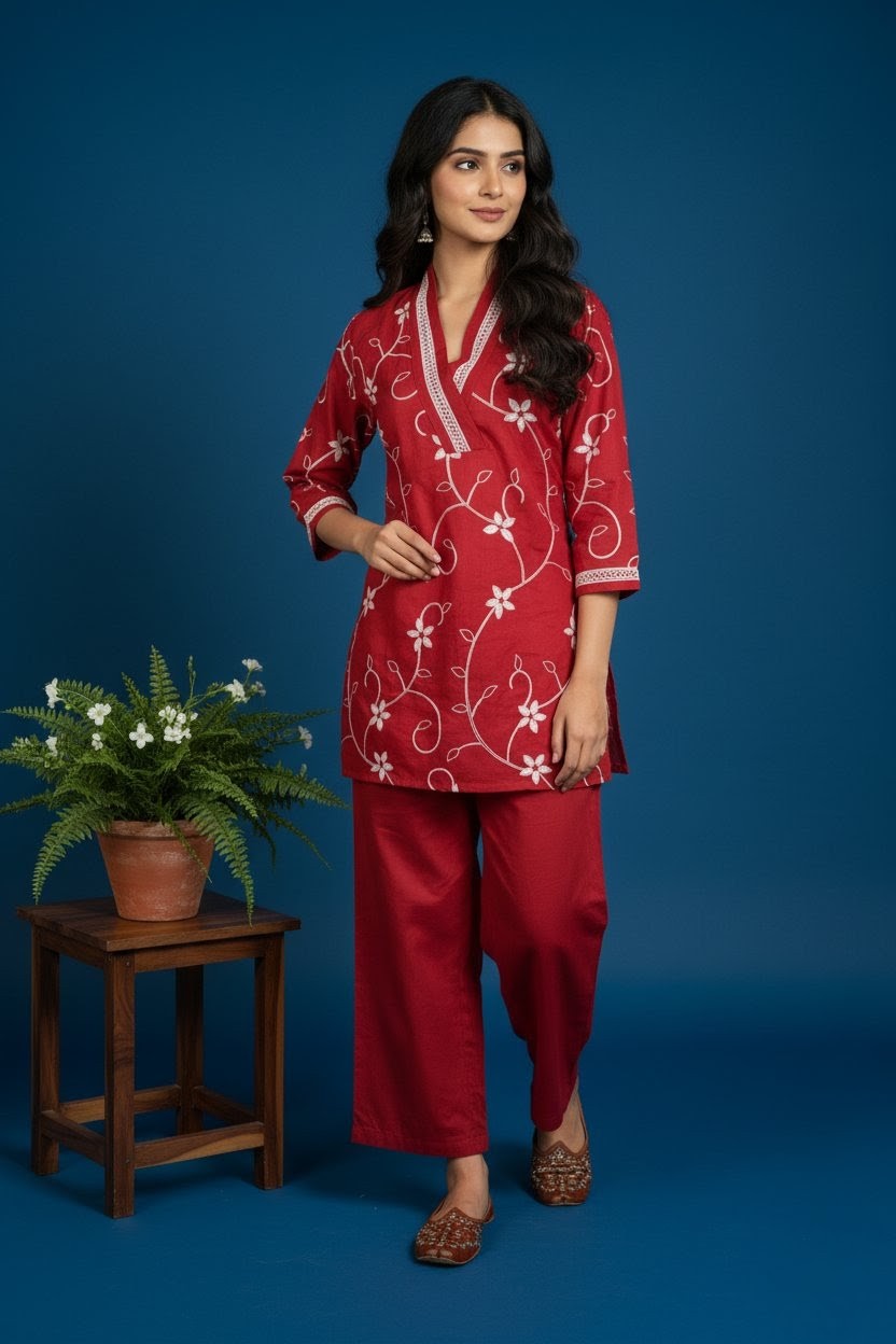 Red Vatican Co-ord Set with White Floral Embroidery
