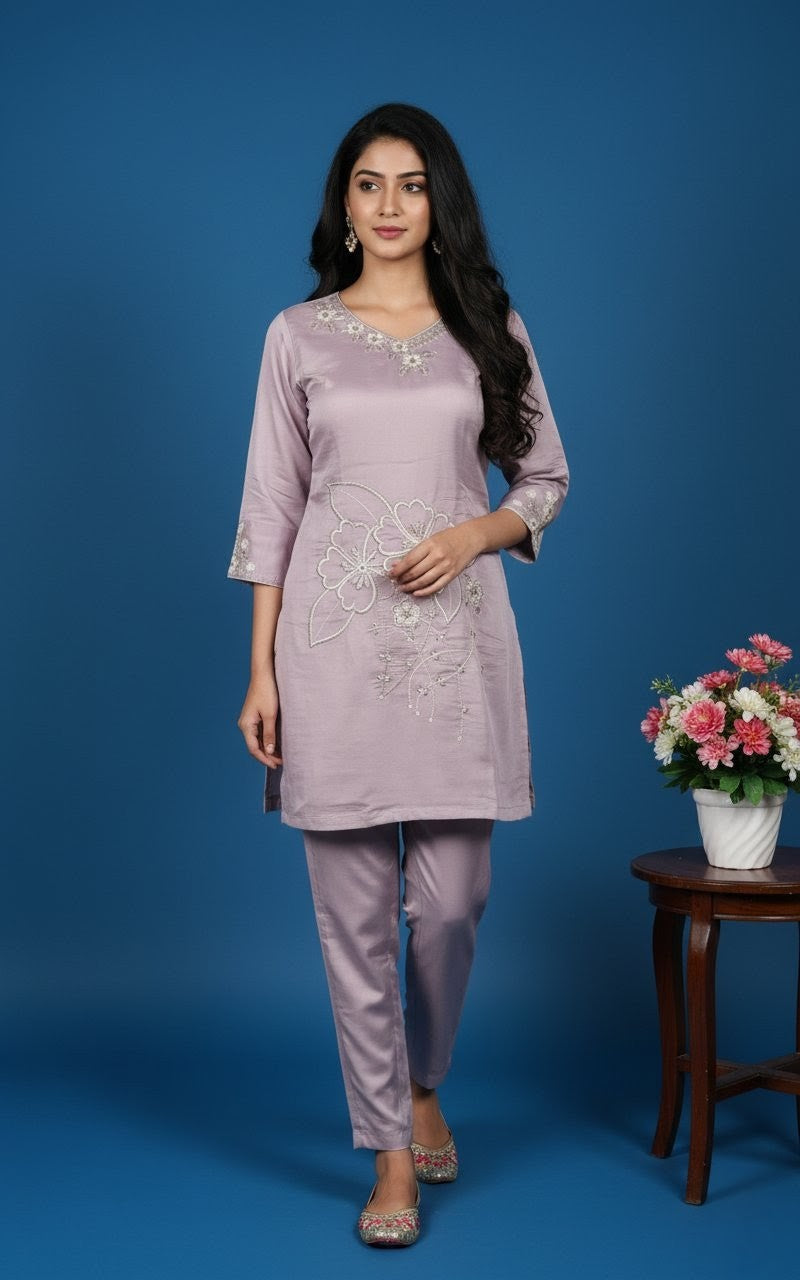 Lavender Silk Co-ord Set with Pure Embroidery Work