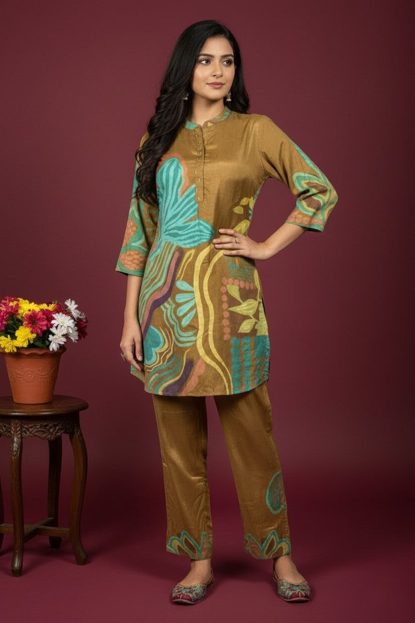 Mustard Brown Printed Crape Short Co-ord Set