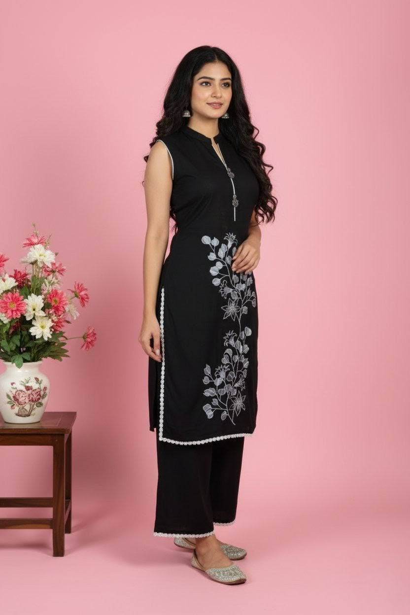 Black Kurti with White Floral Embroidery | Sleeveless | Lace Trim, Traditional Indian Dress|