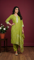Parrot Green Leaf Print Cotton Kurti Set with 3/4 Sleeves and Matching Palazzo Pants – Comfortable Ethnic Wear for Casual and Festive Occasions