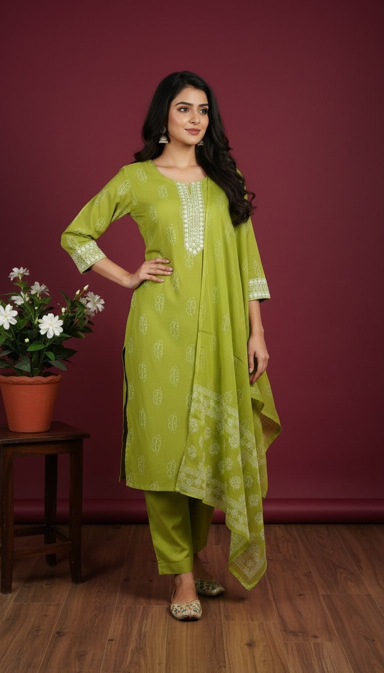 Parrot Green Leaf Print Cotton Kurti Set with 3/4 Sleeves and Matching Palazzo Pants – Comfortable Ethnic Wear for Casual and Festive Occasions