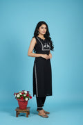 Black Kurta Set with Dupatta, 3/4 Sleeve Traditional Ethnic Wear with Pants and Decorative Buttons | Round Neck