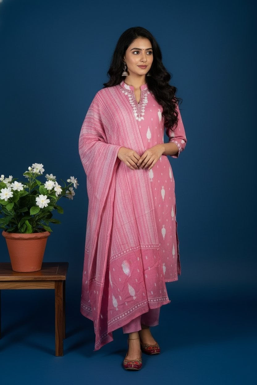 Women's Pink Cotton Salwar Suit Set with White Thread Embroidery, 3/4th Sleeve Kurta, Straight Pants and Printed Dupatta –Festive and Daily Use