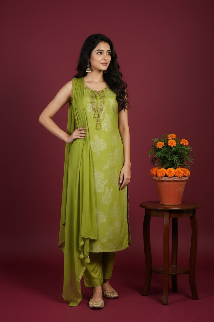 Green Embroidered Kurti Set with Matching Dupatta – Elegant Traditional Indian Ethnic Wear for Weddings, Festive Celebrations, Parties, and Cultural Events