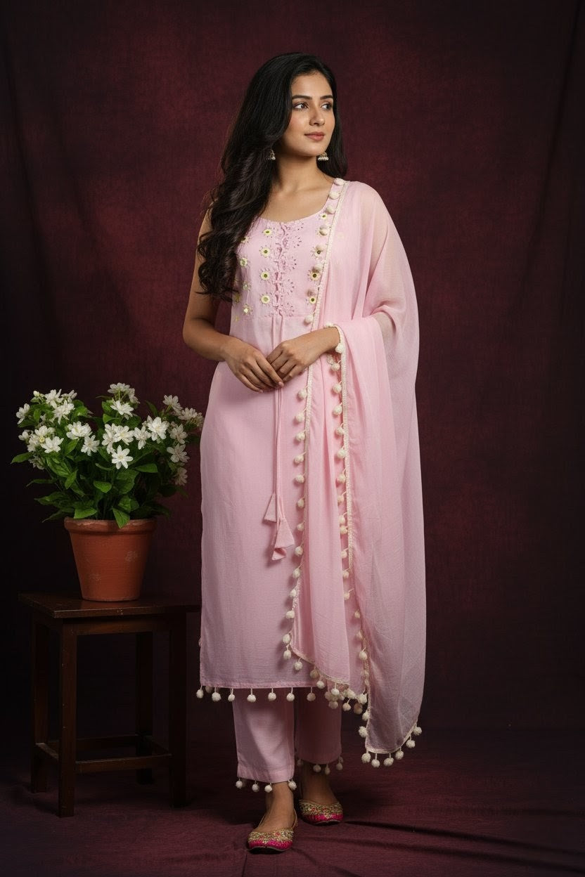Cotton Pink Kurta Set with Floral Embroidery and Tassel Details | Sleeveless Ethnic Suit with Pants | Festive & Casual Wear