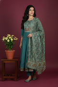 Teal Blue Traditional Anarkali Suit Set for Women, Full Length Embroidered Cotton Kurta with Floral Motif, Matching Pants and Ethnic Look