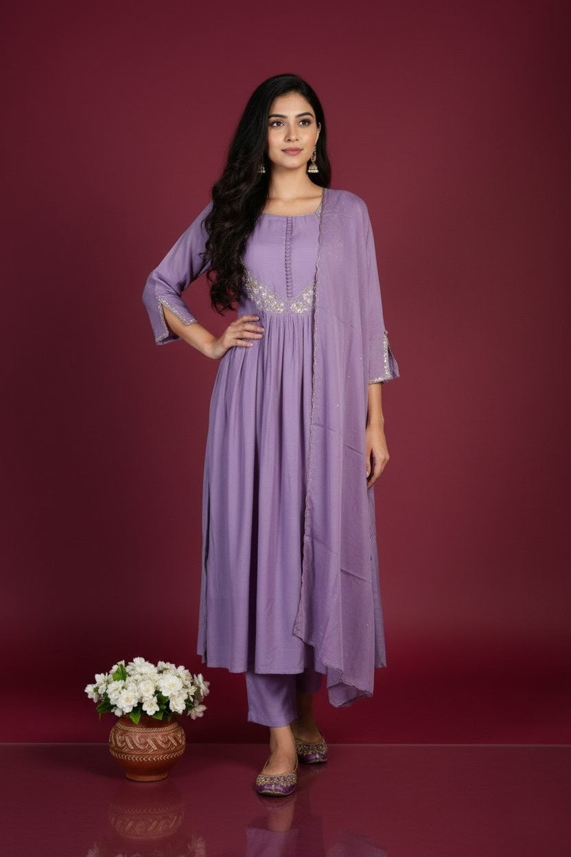 Lavender Anarkali Suit Set with Embroidered Flared Kurta, Long Sleeves, Button Front, Straight Pants and Dupatta –Traditional Indian Ethnic Wear for Festive Occasions