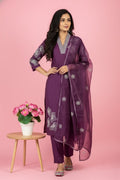 Wine Embroidered Kurta Set with Pants and Dupatta, V-Neck Floral Thread Work Ethnic Outfit for Festive and Casual Wear